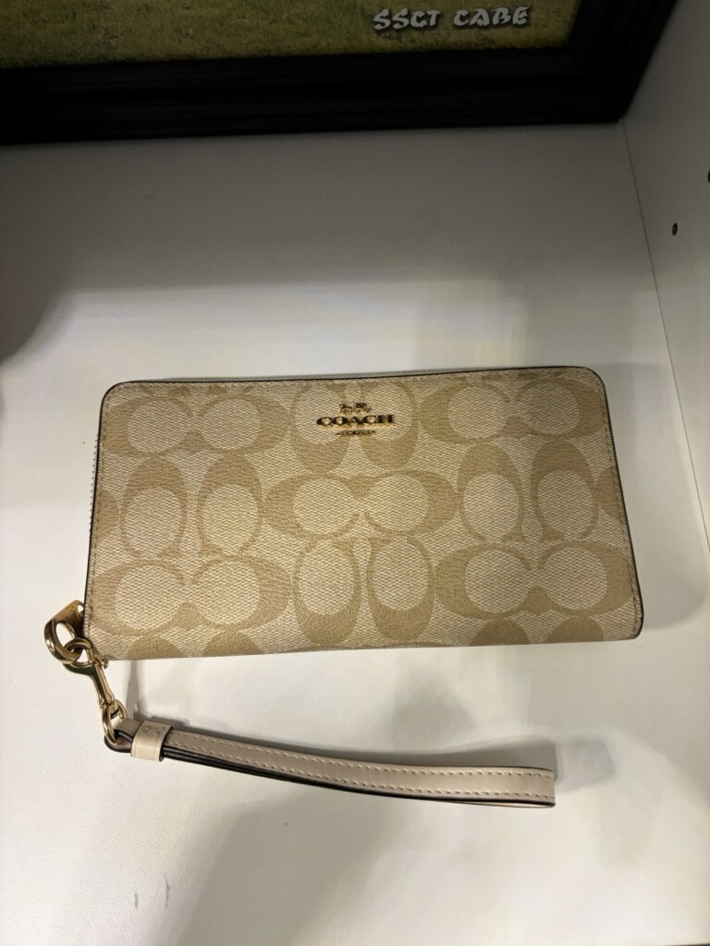 Coach Beige Signature Zip-Around Wristlet